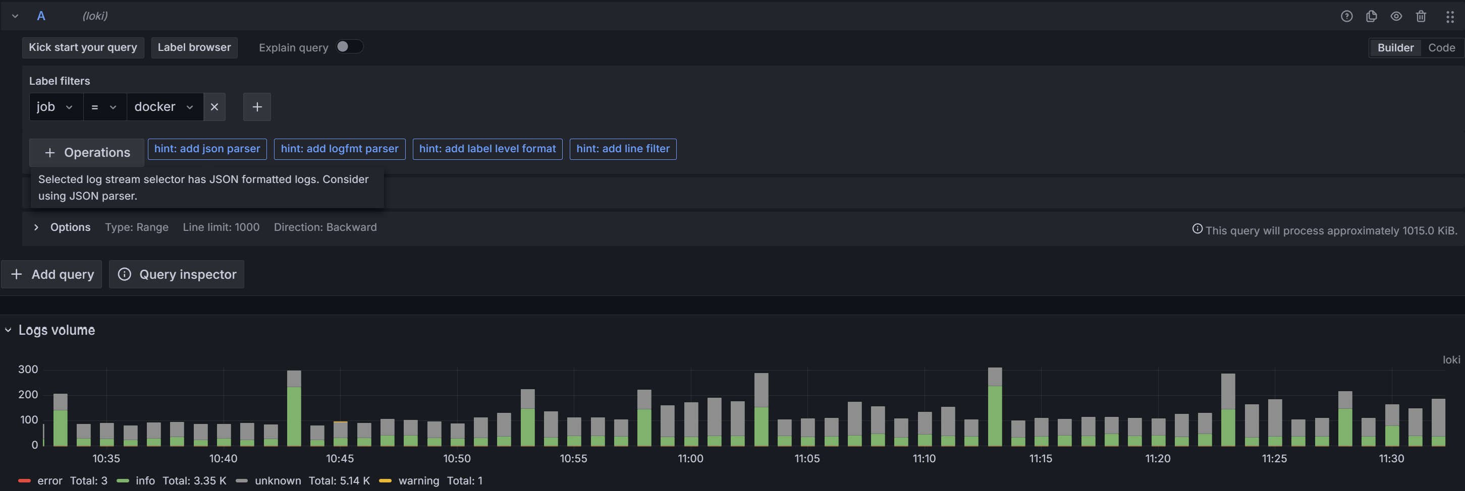 Explore 查詢 {job="docker"} 的 Logs volume