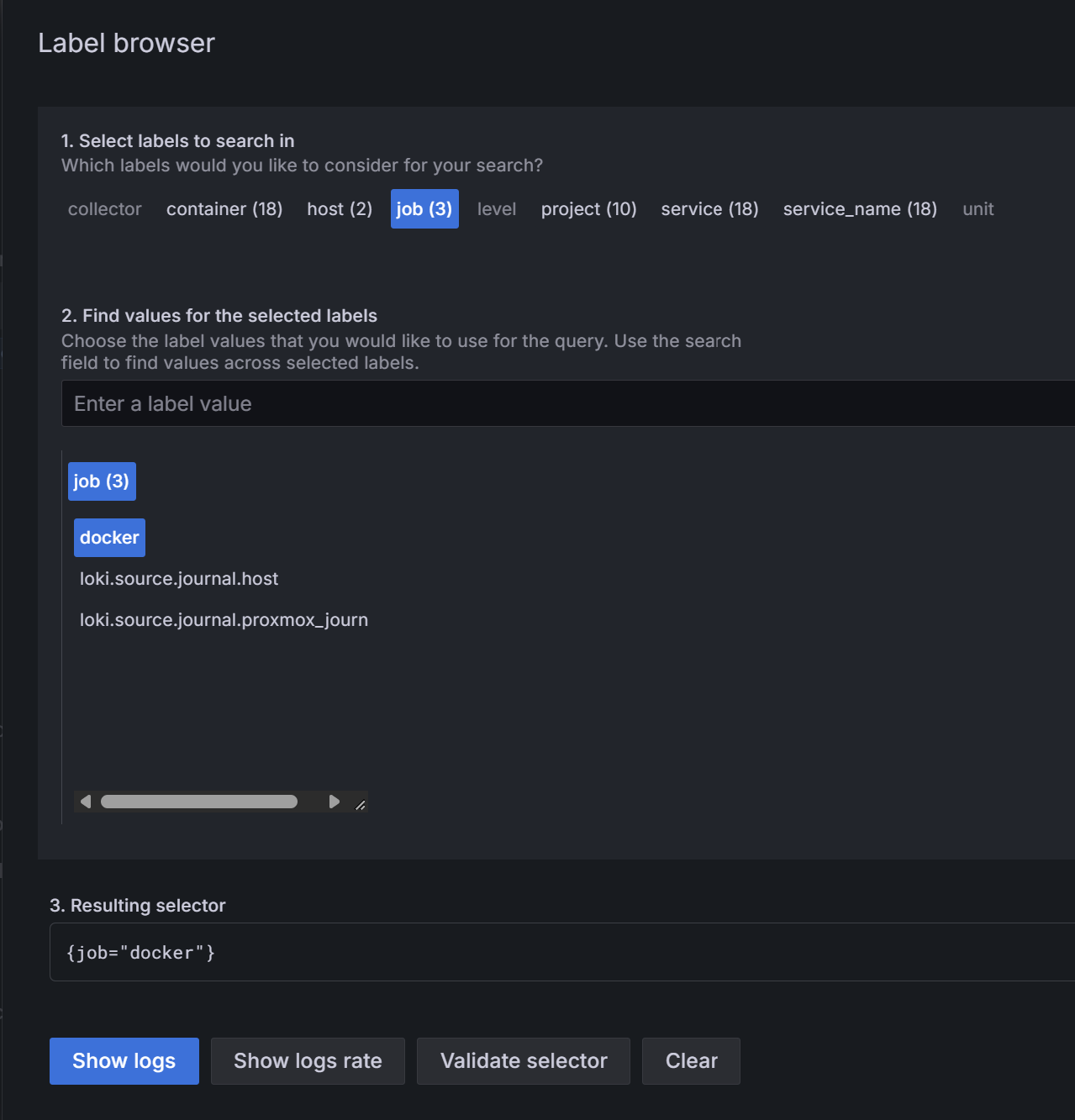 Label browser:選 job=docker 產生 selector